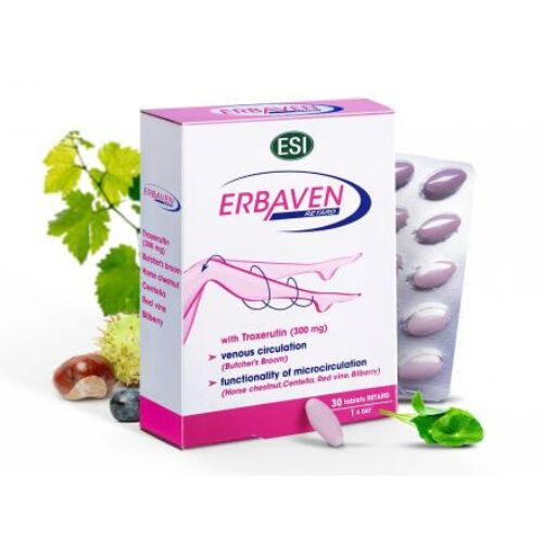 ESI® ERBAVEN® tabletta - lassú felszívódású kivonat visszérre és aranyérre. T-vitamin, gyógynövények.